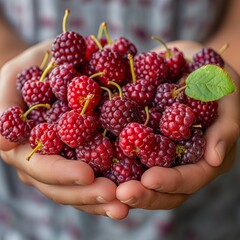 Wall Mural - Hands offering ripe red raspberries, representing healthy living and natural foods