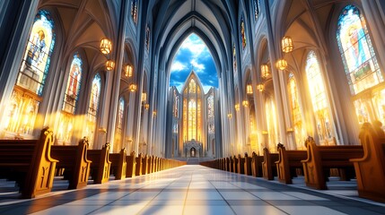 Interior of a Church with Stained Glass Windows.