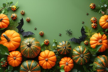Wall Mural - halloween composition with pumpkins, bats and spiders