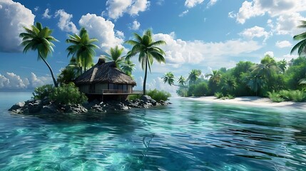 Poster - A serene tropical landscape featuring a thatched-roof hut surrounded by palm trees and clear waters.