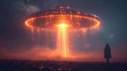 Wall Mural - Large, glowing UFO hovers above the ground, emitting beams of light, with a solitary figure standing nearby, observing silently