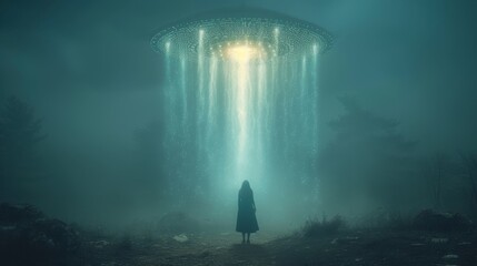 Wall Mural - Person stands in a misty forest at night, observing a massive, illuminated UFO beaming light downwards amongst the trees