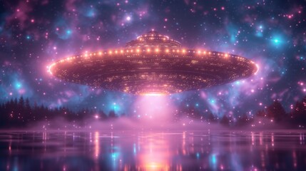 Sticker - Large, detailed UFO hovers above a misty landscape, with a star-filled, vibrant pink and purple nebula in the backdrop