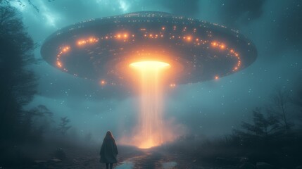 Wall Mural - Person stands facing a large, illuminated UFO at night in a misty forest, with a beam of light descending