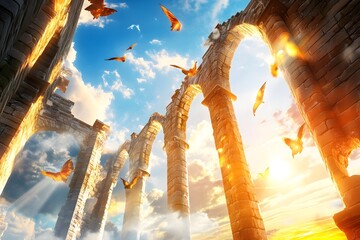 Wall Mural - Birds Flying Through Stone Arches At Sunset.