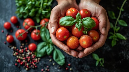 Wall Mural - Freshly harvested cherry tomatoes and basil held in earthy hands against a dark textured background in a kitchen. Generative AI