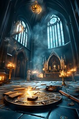 Canvas Print - Mysterious Church Interior with Candlelight and Smoke.