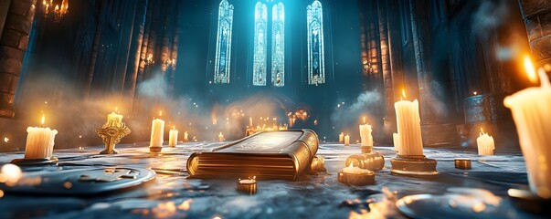 Wall Mural - Ancient Book in Candlelit Cathedral.