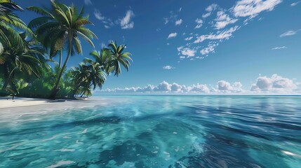 Poster - A serene tropical beach scene with clear water and palm trees under a bright blue sky.