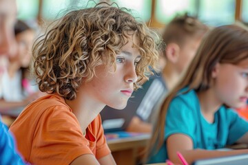 Poster - Group of children studying or doing homework on laptop computers, great for educational and technology related themes