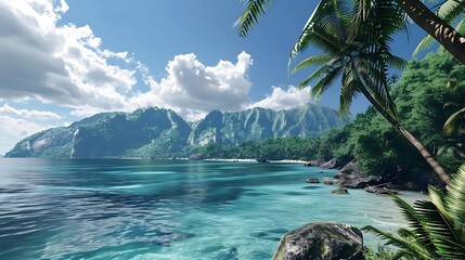 Sticker - A serene tropical beach scene with lush mountains and clear blue waters.