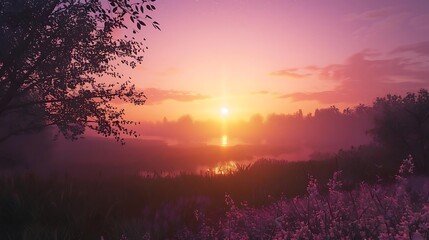 Poster - A serene sunset over a misty landscape with blooming flowers and tranquil waters.