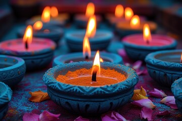 Colorful clay diya lamps lit during diwali celebration, selective focus