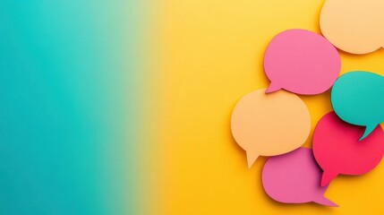 Poster - Colorful speech bubbles cluster on a bright, multicolored background, representing dynamic conversation and creativity