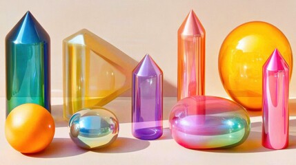 Poster - Vibrant geometric shapes exhibit transparency and color, reflecting light beautifully, creating an engaging visual composition