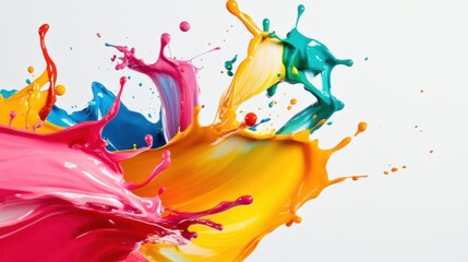 Poster - Bright paint splashes collide against a white background, showcasing an energetic burst of colors that inspire creativity and artistic expression
