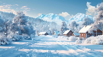 Sticker - A serene winter landscape with snow-covered houses and mountains in the background.