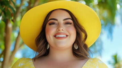 A confident plus-sized woman is enjoying a sunny day outdoors, smiling brightly while wearing a stylish yellow hat