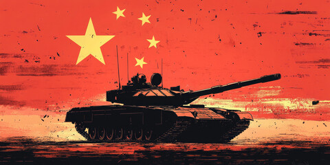 Powerful chinese military tank stands proudly in front of the iconic flag, symbolizing strength and patriotism