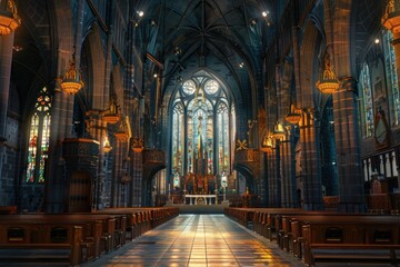 Poster - Interior of a church with stained glass windows and pews