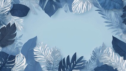 Blue tropical leaves in a decorative frame on a blue backdrop, overlapping to create depth with their paper-like texture