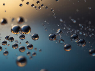 Close-up of water droplets on a transparent surface, shimmering under soft light, creating an atmosphere of freshness and purity