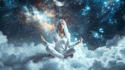 Wall Mural - A beautiful young woman meditating on clouds