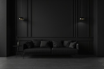 interior of dark living room with black walls and comfortable black sofa