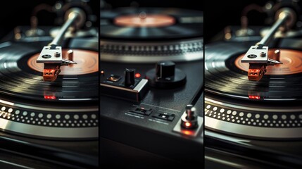 Poster - A close-up of a turntable with a vinyl record spinning, great for music-related concepts and nostalgic themes