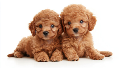 Two adorable Toy Poodle puppies posing on a white background. The scene captures the playful and sweet nature of the puppies, highlighting their curly fur and expressive eyes, perfect for a baby anima