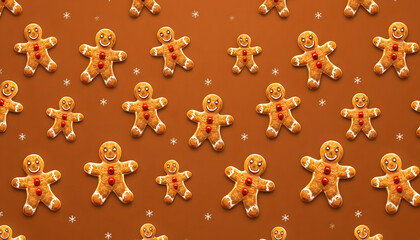 Gingerbread men on a brown background. Christmas seamless pattern with gingerbread men isolated with white highlights, png