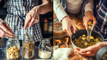 Two people are measuring out various ingredients from jars and bowls in a bright kitchen, ready for a cooking session