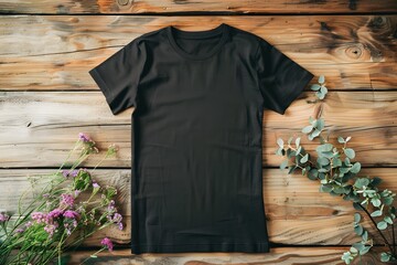 Wall Mural - A plain black t-shirt mockup on a wooden background