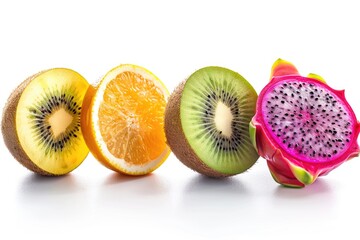 Poster - Fresh fruit sliced in halves on a clean white background, suitable for food presentation or still life photography
