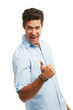 © Leffy/peopleimages.com - Studio, like and portrait of man with thumbs up for good news, happy celebration or deal success. Creative, agreement and person with achievement, yes hand gesture and winning on white background