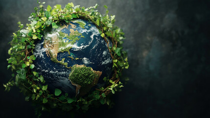 green ivy is growing around planet earth globe on black background, ecology and environmental concep