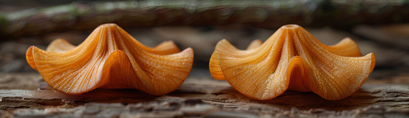 Two vibrant orange flowers elegantly placed on a rustic wooden surface, showcasing their natural beauty and color contrast.