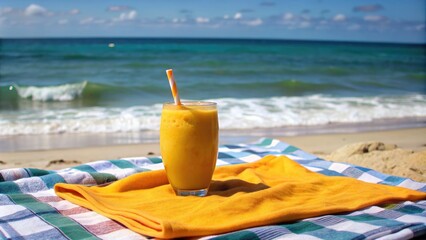 Wall Mural - Refreshing orange smoothie on a blanket by the seaside.