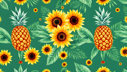 Seamless pattern pineapple, sunflower and palm leaves with watercolor.Summer colorful hand drawn tropical fruit  pattern.For fabric luxurious and wallpaper, vintage style.Cute and bright flower aloh