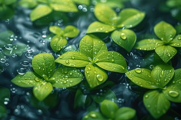 Beautiful spring detailed close up stream of fresh water with young green plants Horizontal banner, springtime concept Abstract outdoor wild nature background AI generative image