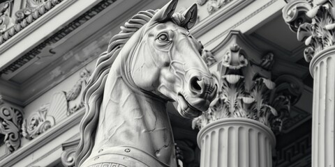 Poster - A close-up view of a horse statue's face, ideal for use in designs about equine art, fantasy creatures or ancient cultures