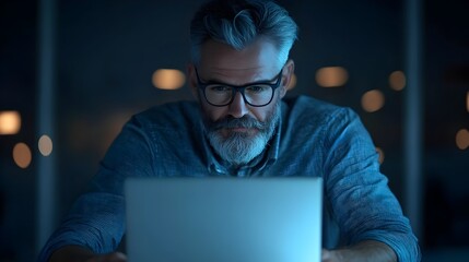 Poster - Experienced manager working on laptop in modern office workspace