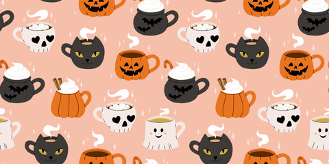 Vector collection of cute Halloween mugs. Hot cocoa with marshmallow, coffee and tea cups with cute faces, ghost, pumpkin, witch black cat and skull. Flat cartoon seamless pattern.