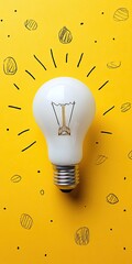 Wall Mural - white light bulb on a yellow background with a simple doodle, conveying the concept of an idea and i