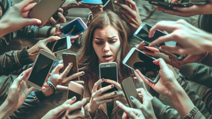 Wall Mural - woman with many hands holding smartphone in each hand.