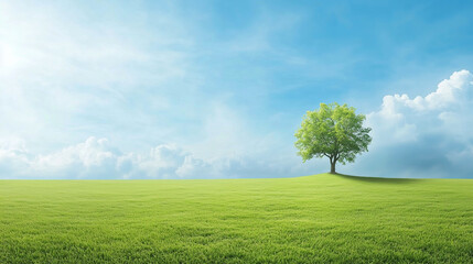 A single green tree standing in a vast, sunlit grassy field under a bright blue sky with scattered clouds