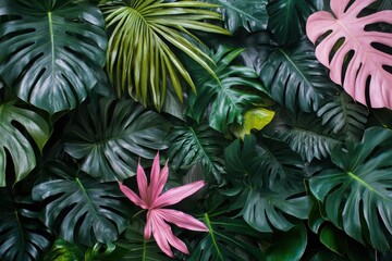  Tropical Leaves Wall with Green and Pink Foliage