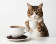 © kim - A gray cat wants to drink a cup of coffee. White background. Isolated. Ai generated image