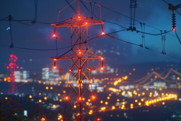 Aufkleber - Nighttime city view from a high voltage tower, urban landscape