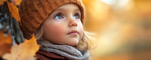 Canvas Print - Young girl with blue eyes joyfully embraces the beauty of autumn. Surrounded by vibrant colors of orange. Yellow. And red. Wearing a cozy knit hat and scarf